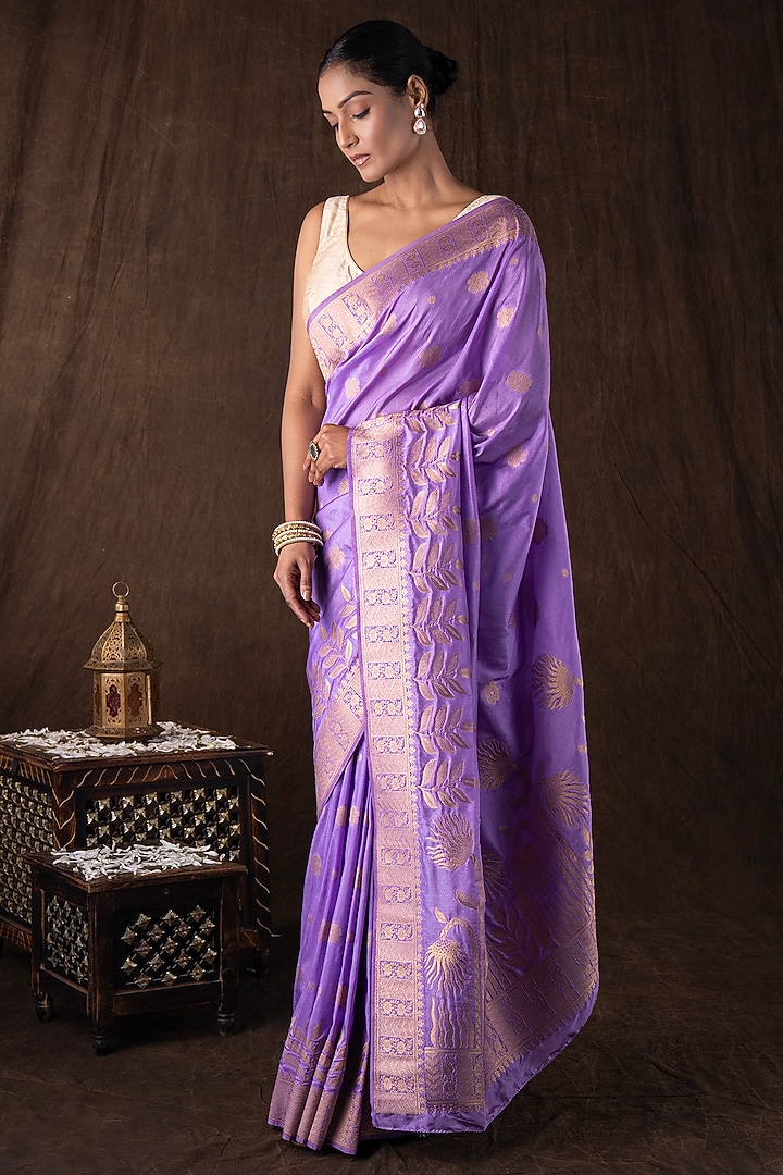Purple Pure Moonga Silk Banarasi Handloom Party Wear Saree Set by Zal From Benaras at Pernia's Pop Up Shop