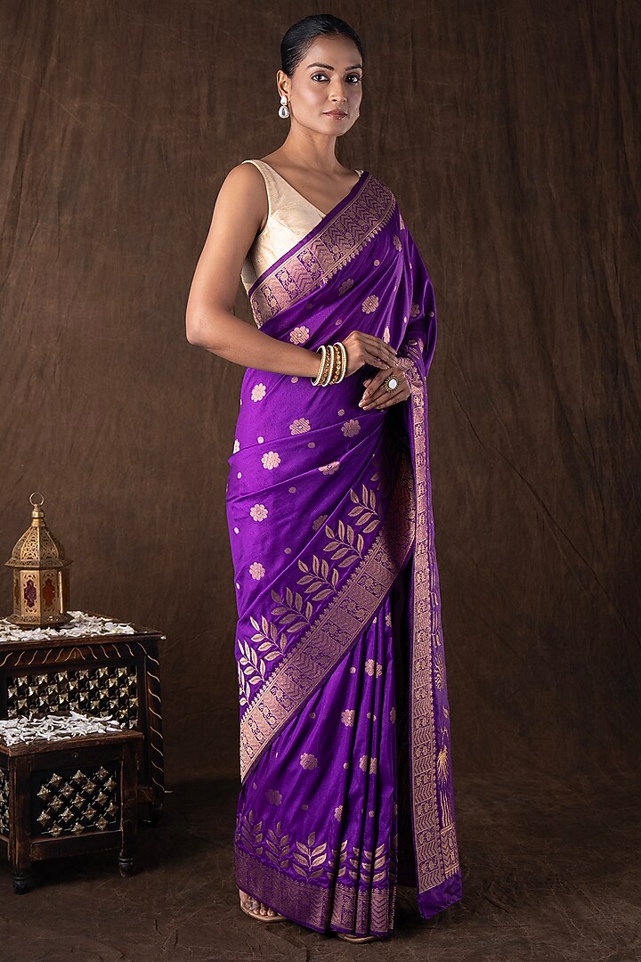 Purple Pure Moonga Silk Banarasi Handloom Party Wear Saree Set by Zal From Benaras at Pernia's Pop Up Shop