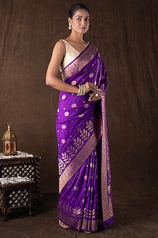 Purple Pure Moonga Silk Banarasi Handloom Saree Set by Zal From Benaras
