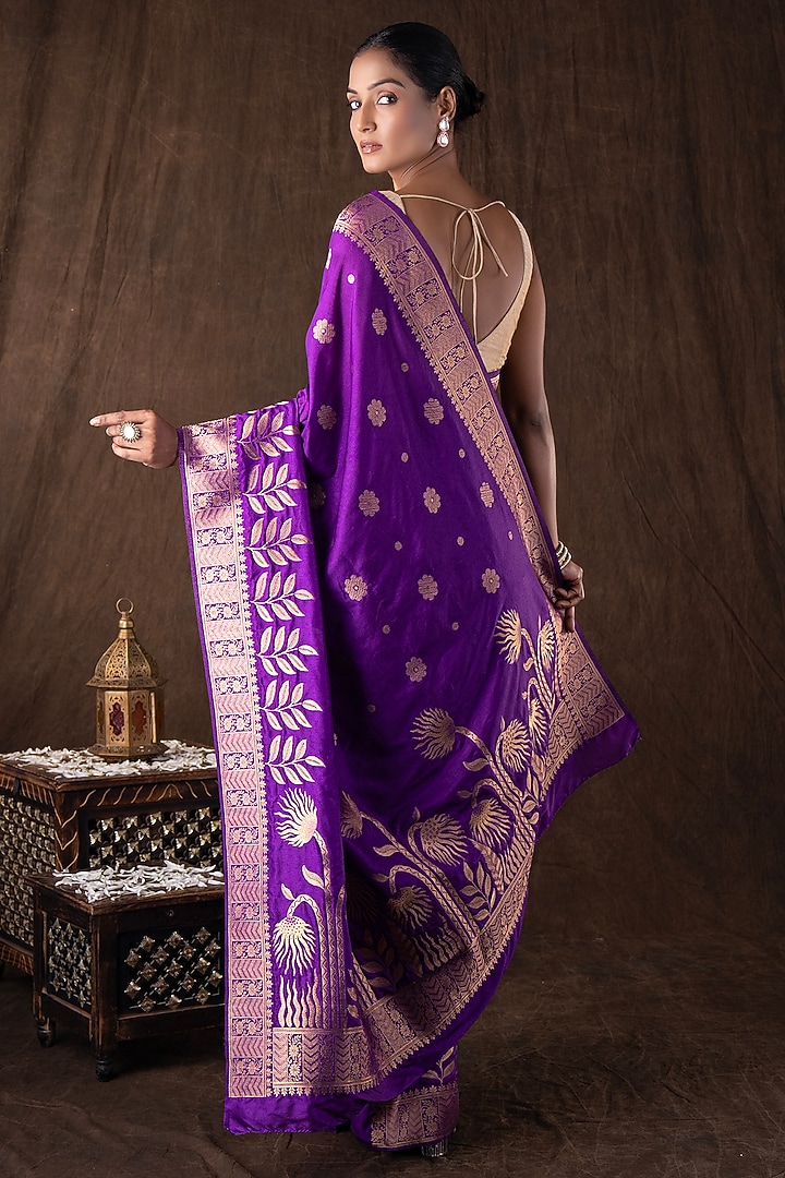Purple Pure Moonga Silk Banarasi Handloom Party Wear Saree Set by Zal From Benaras at Pernia's Pop Up Shop