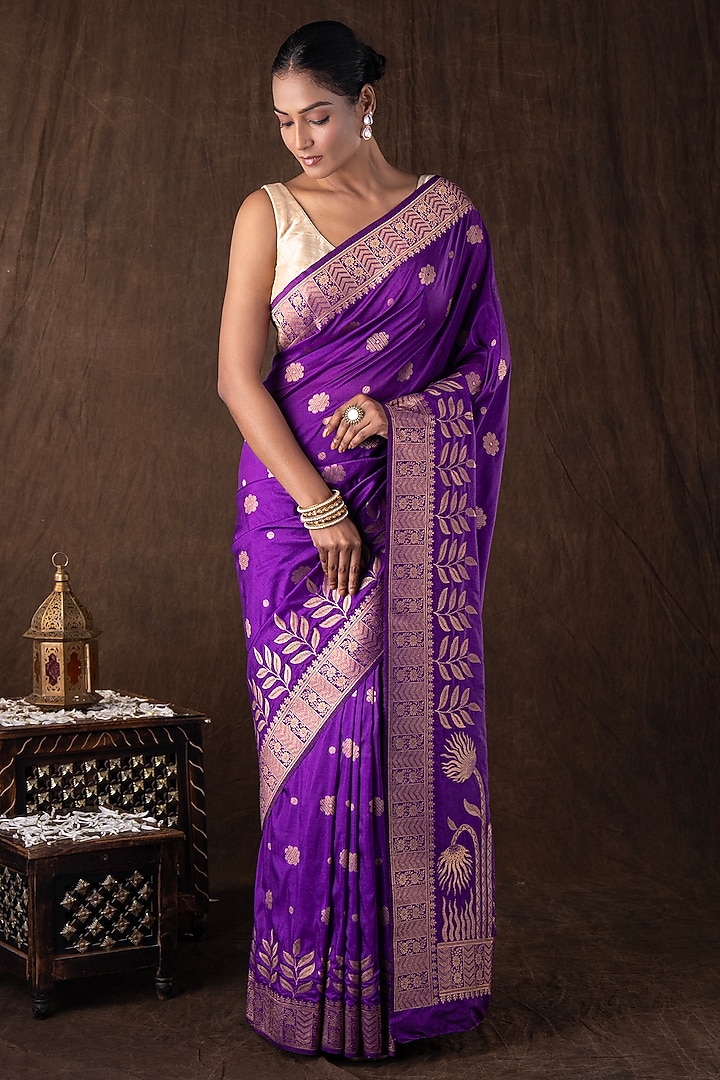 Purple Pure Moonga Silk Banarasi Handloom Party Wear Saree Set by Zal From Benaras at Pernia's Pop Up Shop