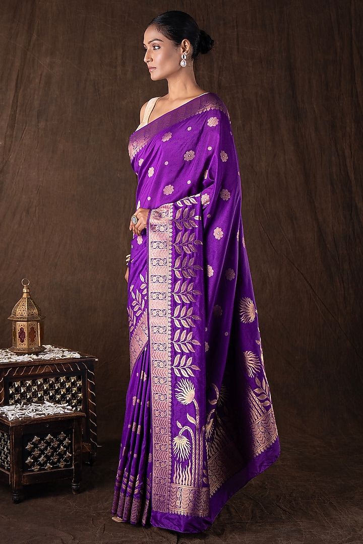 Purple Pure Moonga Silk Banarasi Handloom Party Wear Saree Set by Zal From Benaras at Pernia's Pop Up Shop