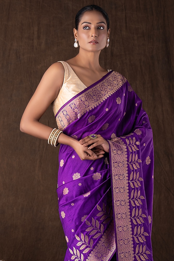 Purple Pure Moonga Silk Banarasi Handloom Party Wear Saree Set by Zal From Benaras at Pernia's Pop Up Shop
