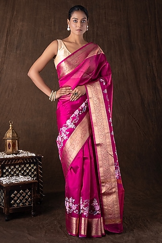 Pink Tissue Silk Floral Printed Banarasi Handloom Saree Set by Zal From Benaras