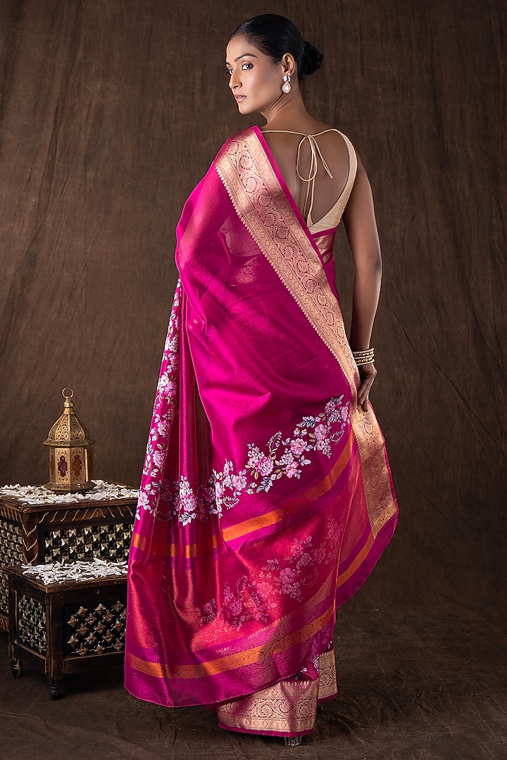 Pink Tissue Silk Floral Printed Banarasi Handloom Party Wear Saree Set by Zal From Benaras at Pernia's Pop Up Shop
