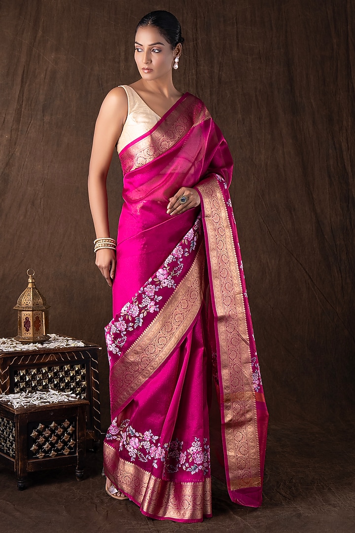 Pink Tissue Silk Floral Printed Banarasi Handloom Party Wear Saree Set by Zal From Benaras at Pernia's Pop Up Shop