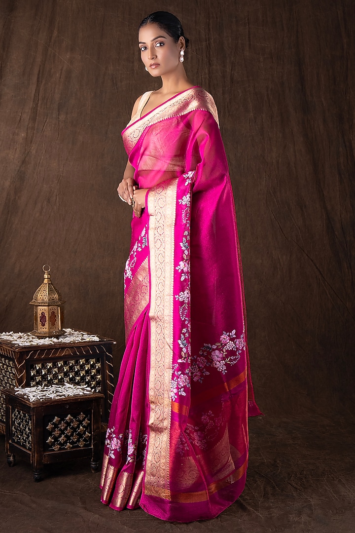 Pink Tissue Silk Floral Printed Banarasi Handloom Party Wear Saree Set by Zal From Benaras at Pernia's Pop Up Shop