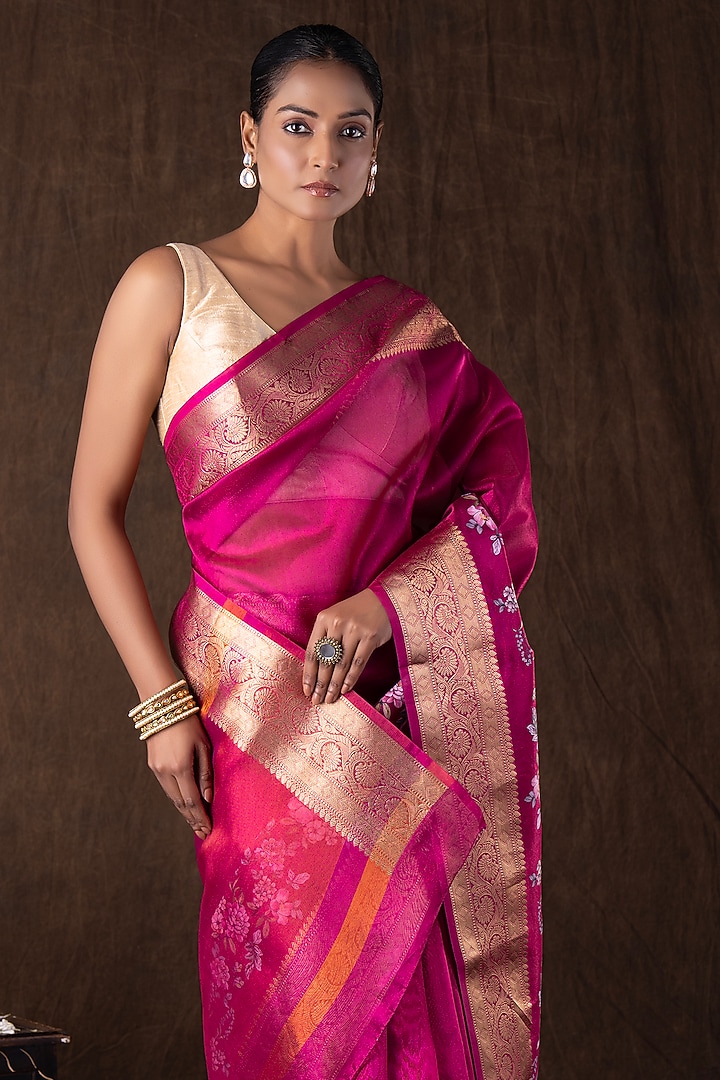 Pink Tissue Silk Floral Printed Banarasi Handloom Party Wear Saree Set by Zal From Benaras at Pernia's Pop Up Shop