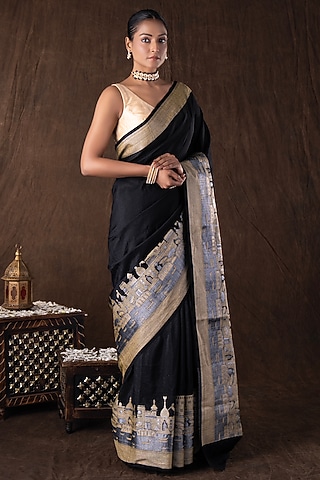 Black Pure Silk Banarasi Handloom Saree Set by Zal From Benaras