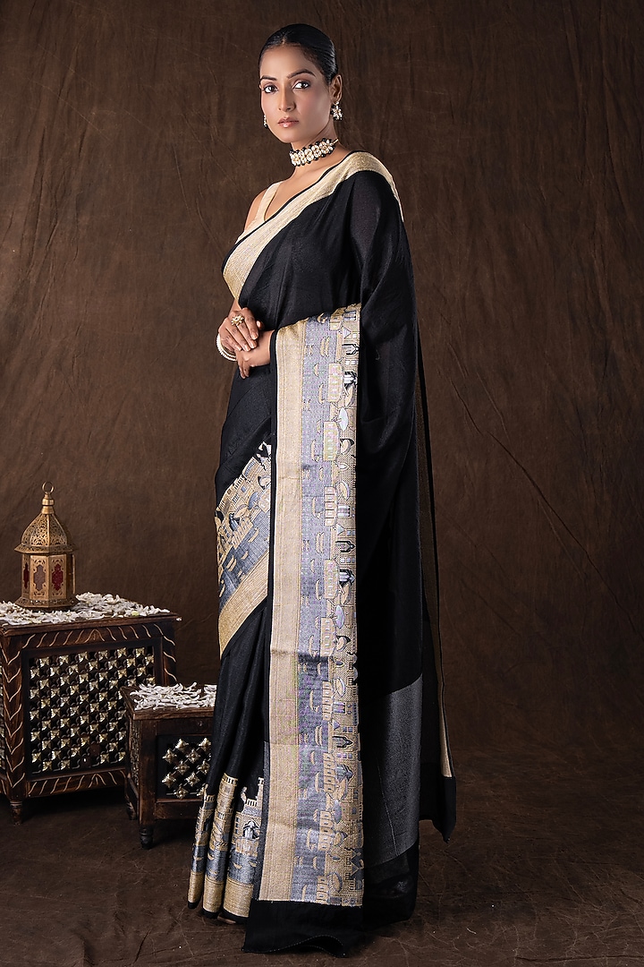 Black Pure Silk Banarasi Handloom Party Wear Saree Set by Zal From Benaras at Pernia's Pop Up Shop