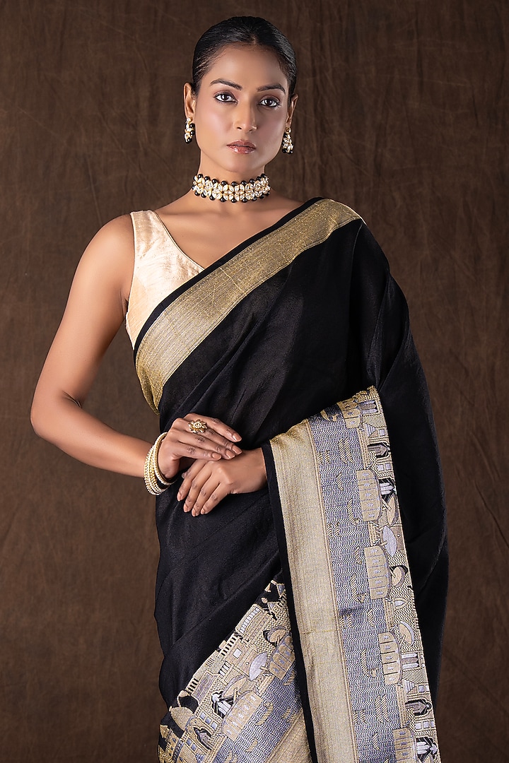 Black Pure Silk Banarasi Handloom Party Wear Saree Set by Zal From Benaras at Pernia's Pop Up Shop