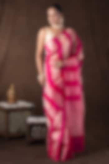 Pink Moonga Tissue Silk Zari Striped Embroidered Banarasi Handloom Festive Saree Set by Zal From Benaras at Pernia's Pop Up Shop