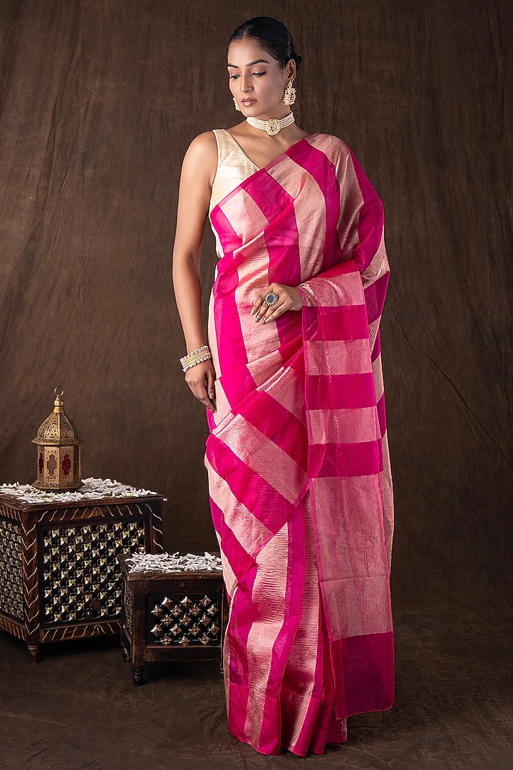 Pink Moonga Tissue Silk Zari Striped Embroidered Banarasi Handloom Festive Saree Set by Zal From Benaras at Pernia's Pop Up Shop