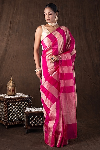 Pink Moonga Tissue Silk Zari Striped Embroidered Banarasi Handloom Saree Set by Zal From Benaras