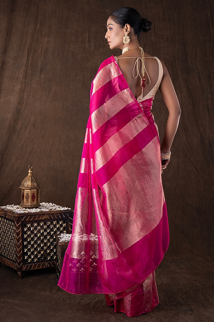 Pink Moonga Tissue Silk Zari Striped Embroidered Banarasi Handloom Festive Saree Set by Zal From Benaras at Pernia's Pop Up Shop