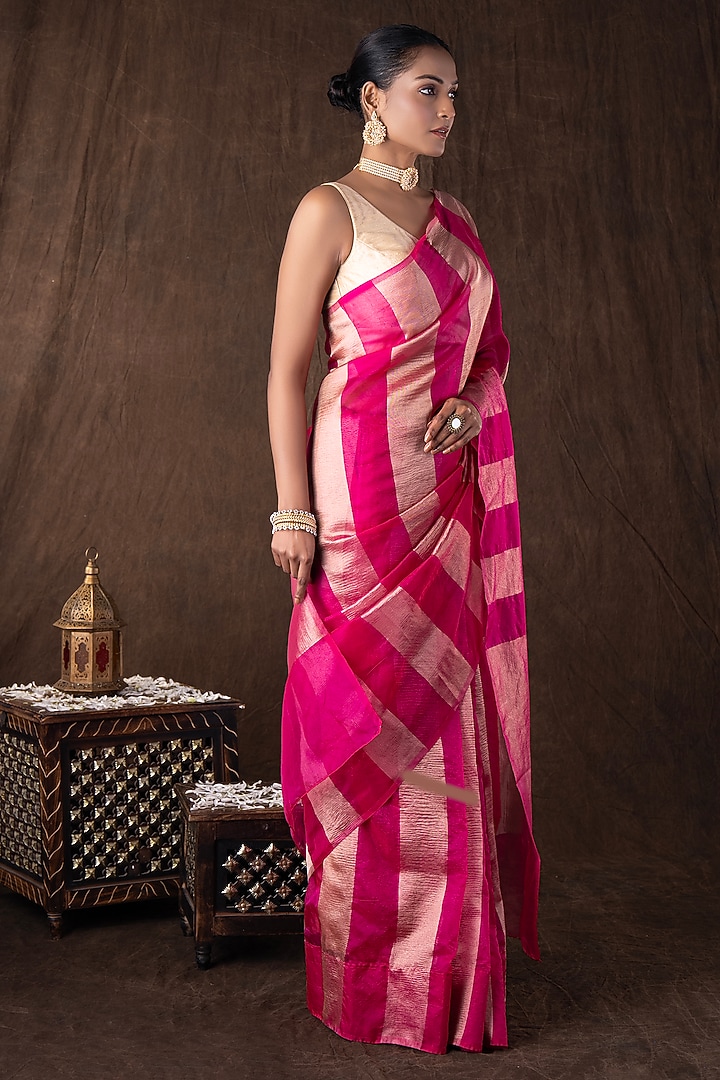 Pink Moonga Tissue Silk Zari Striped Embroidered Banarasi Handloom Festive Saree Set by Zal From Benaras at Pernia's Pop Up Shop