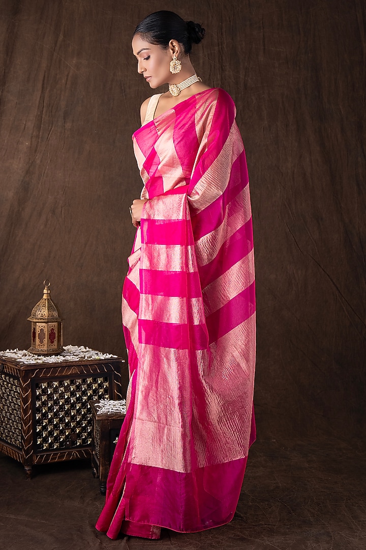 Pink Moonga Tissue Silk Zari Striped Embroidered Banarasi Handloom Festive Saree Set by Zal From Benaras at Pernia's Pop Up Shop