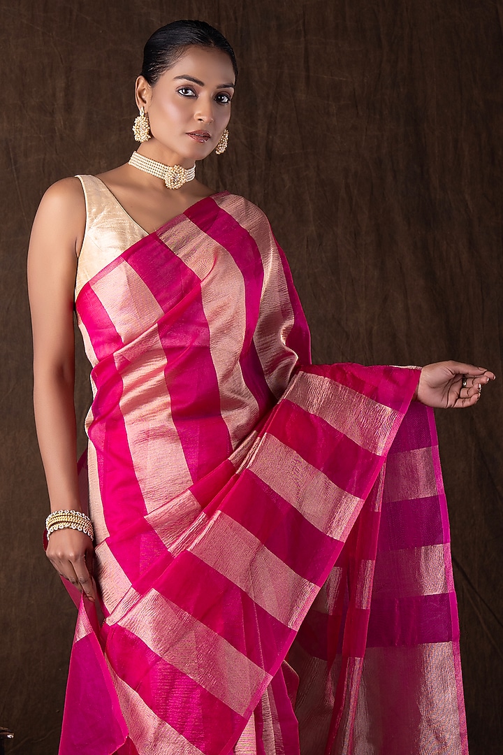 Pink Moonga Tissue Silk Zari Striped Embroidered Banarasi Handloom Festive Saree Set by Zal From Benaras at Pernia's Pop Up Shop