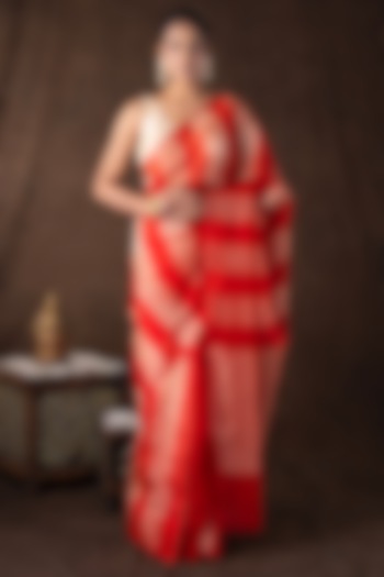 Red Moonga Tissue Silk Zari Striped Embroidered Banarasi Handloom Festive Saree Set by Zal From Benaras at Pernia's Pop Up Shop