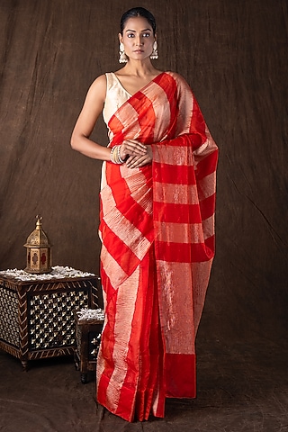 Red Moonga Tissue Silk Zari Striped Embroidered Banarasi Handloom Saree Set by Zal From Benaras