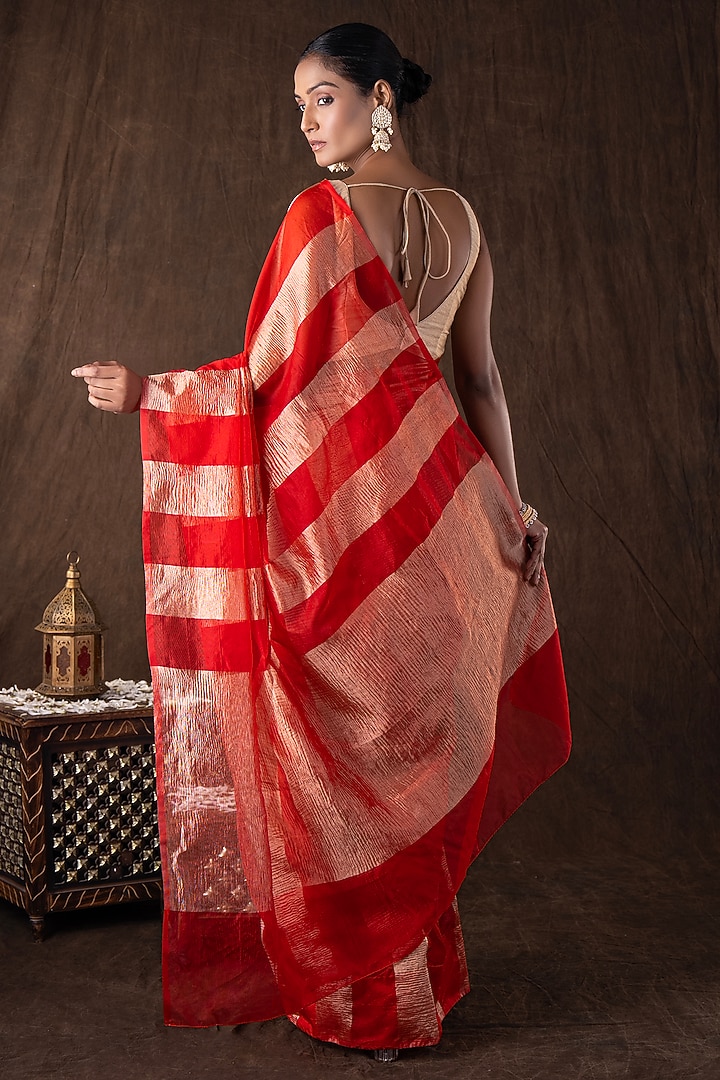 Red Moonga Tissue Silk Zari Striped Embroidered Banarasi Handloom Festive Saree Set by Zal From Benaras at Pernia's Pop Up Shop