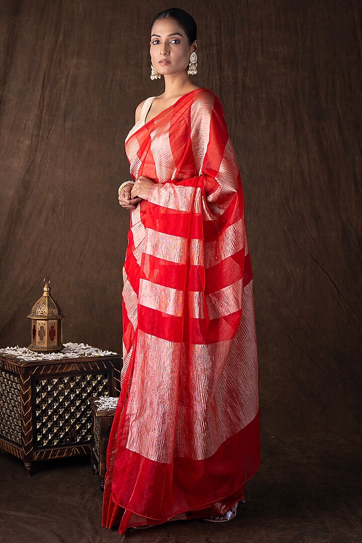 Red Moonga Tissue Silk Zari Striped Embroidered Banarasi Handloom Festive Saree Set by Zal From Benaras at Pernia's Pop Up Shop