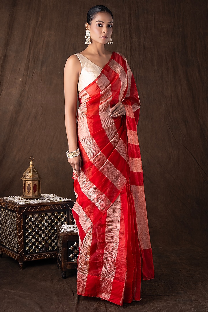 Red Moonga Tissue Silk Zari Striped Embroidered Banarasi Handloom Festive Saree Set by Zal From Benaras at Pernia's Pop Up Shop