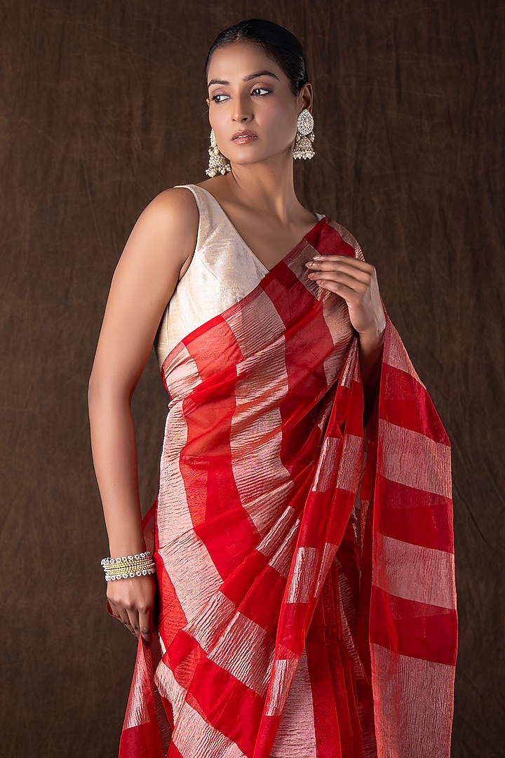 Red Moonga Tissue Silk Zari Striped Embroidered Banarasi Handloom Festive Saree Set by Zal From Benaras at Pernia's Pop Up Shop