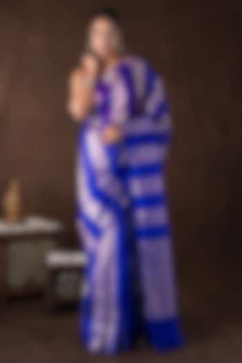 Blue Moonga Tissue Silk Zari Striped Embroidered Banarasi Handloom Festive Saree Set by Zal From Benaras at Pernia's Pop Up Shop