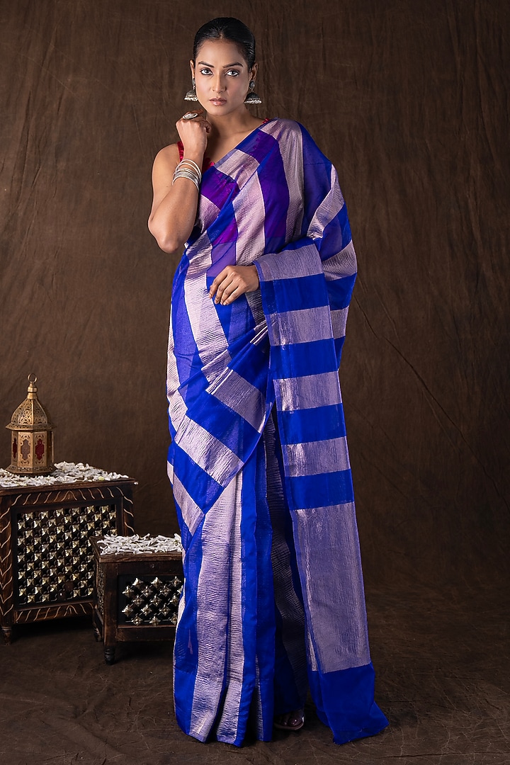 Blue Moonga Tissue Silk Zari Striped Embroidered Banarasi Handloom Festive Saree Set by Zal From Benaras at Pernia's Pop Up Shop