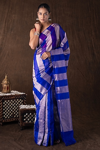 Blue Moonga Tissue Silk Zari Striped Embroidered Banarasi Handloom Saree Set by Zal From Benaras