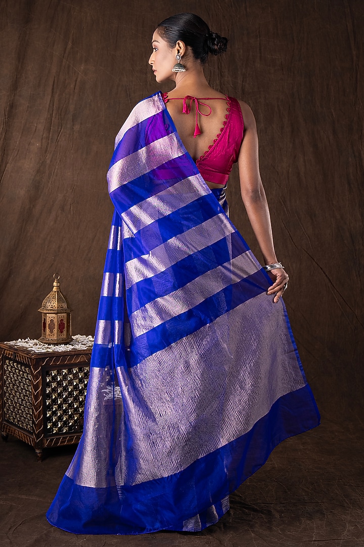 Blue Moonga Tissue Silk Zari Striped Embroidered Banarasi Handloom Festive Saree Set by Zal From Benaras at Pernia's Pop Up Shop