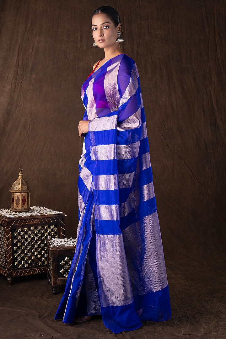 Blue Moonga Tissue Silk Zari Striped Embroidered Banarasi Handloom Festive Saree Set by Zal From Benaras at Pernia's Pop Up Shop