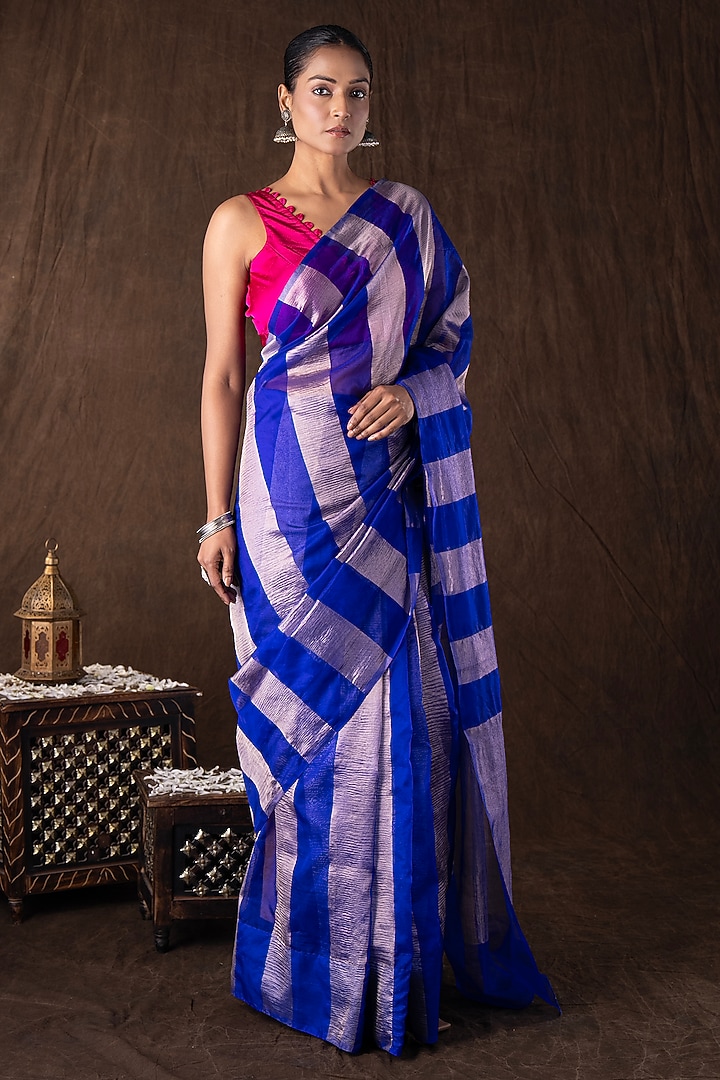 Blue Moonga Tissue Silk Zari Striped Embroidered Banarasi Handloom Festive Saree Set by Zal From Benaras at Pernia's Pop Up Shop