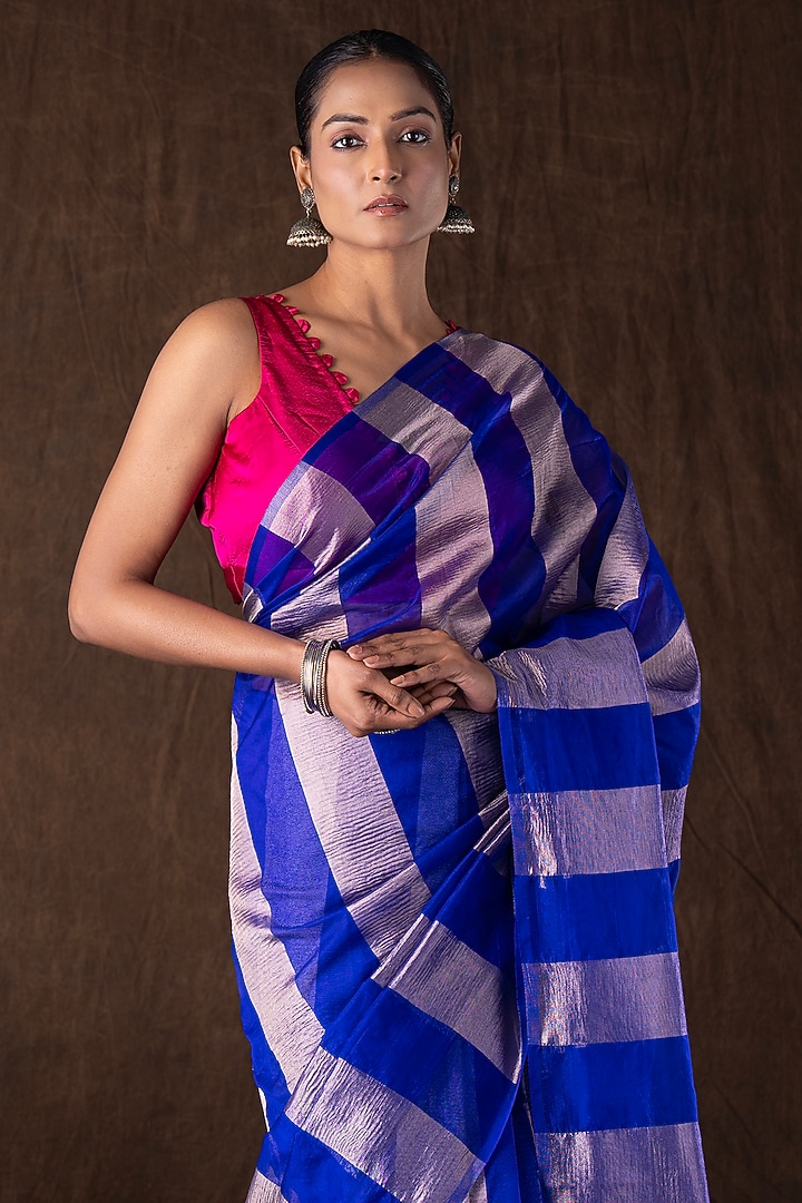 Blue Moonga Tissue Silk Zari Striped Embroidered Banarasi Handloom Festive Saree Set by Zal From Benaras at Pernia's Pop Up Shop