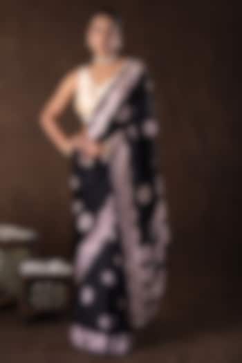 Black Pure Katan Silk Hand Embroidered Party Wear Saree Set by Zal From Benaras at Pernia's Pop Up Shop