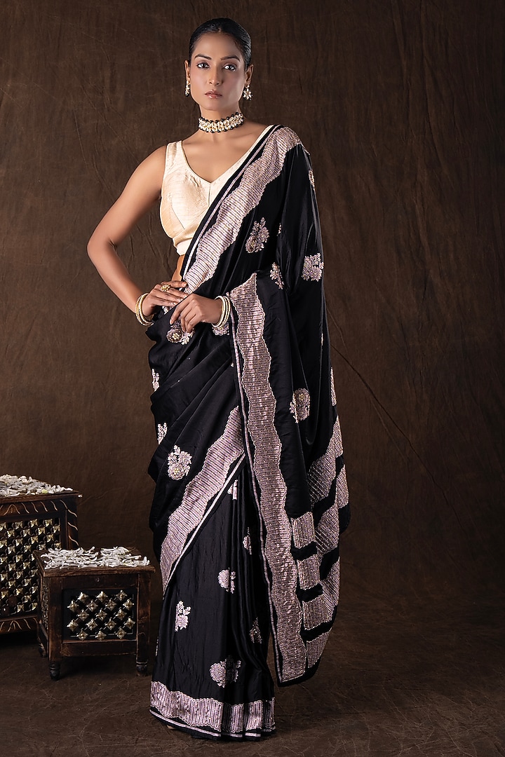 Black Pure Katan Silk Hand Embroidered Party Wear Saree Set by Zal From Benaras at Pernia's Pop Up Shop
