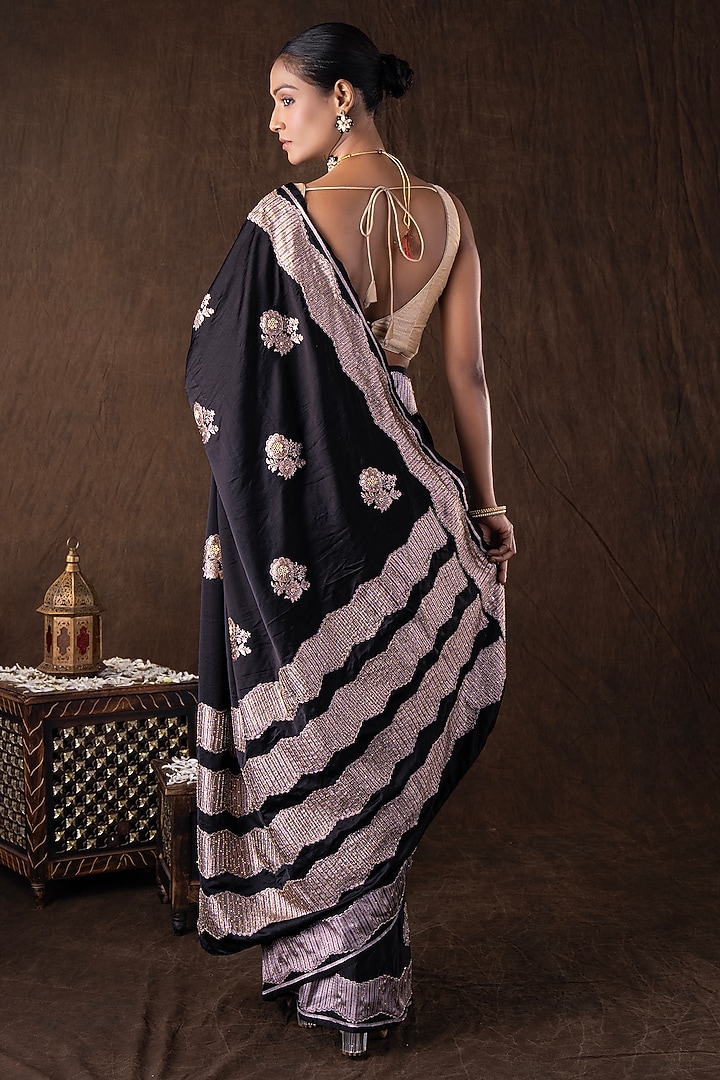Black Pure Katan Silk Hand Embroidered Party Wear Saree Set by Zal From Benaras at Pernia's Pop Up Shop