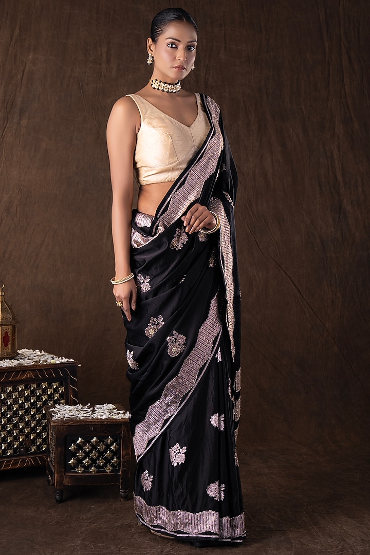 Black Pure Katan Silk Hand Embroidered Party Wear Saree Set by Zal From Benaras at Pernia's Pop Up Shop