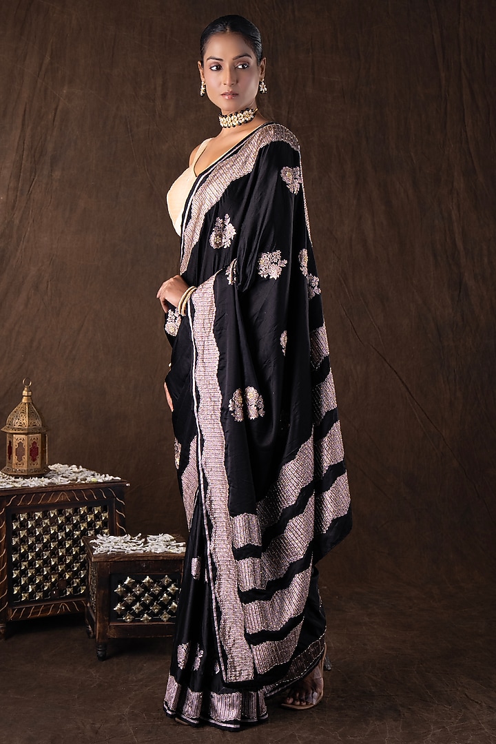 Black Pure Katan Silk Hand Embroidered Party Wear Saree Set by Zal From Benaras at Pernia's Pop Up Shop