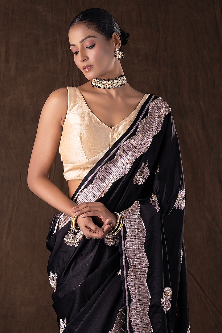 Black Pure Katan Silk Hand Embroidered Party Wear Saree Set by Zal From Benaras at Pernia's Pop Up Shop