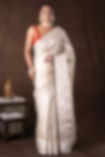 White Pure Katan Silk Banarasi Handloom Party Wear Saree Set by Zal From Benaras at Pernia's Pop Up Shop