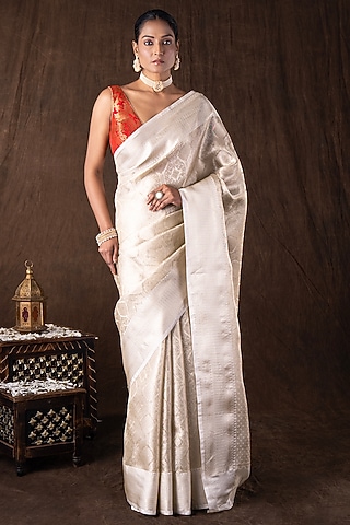 White Pure Katan Silk Banarasi Handloom Saree Set by Zal From Benaras