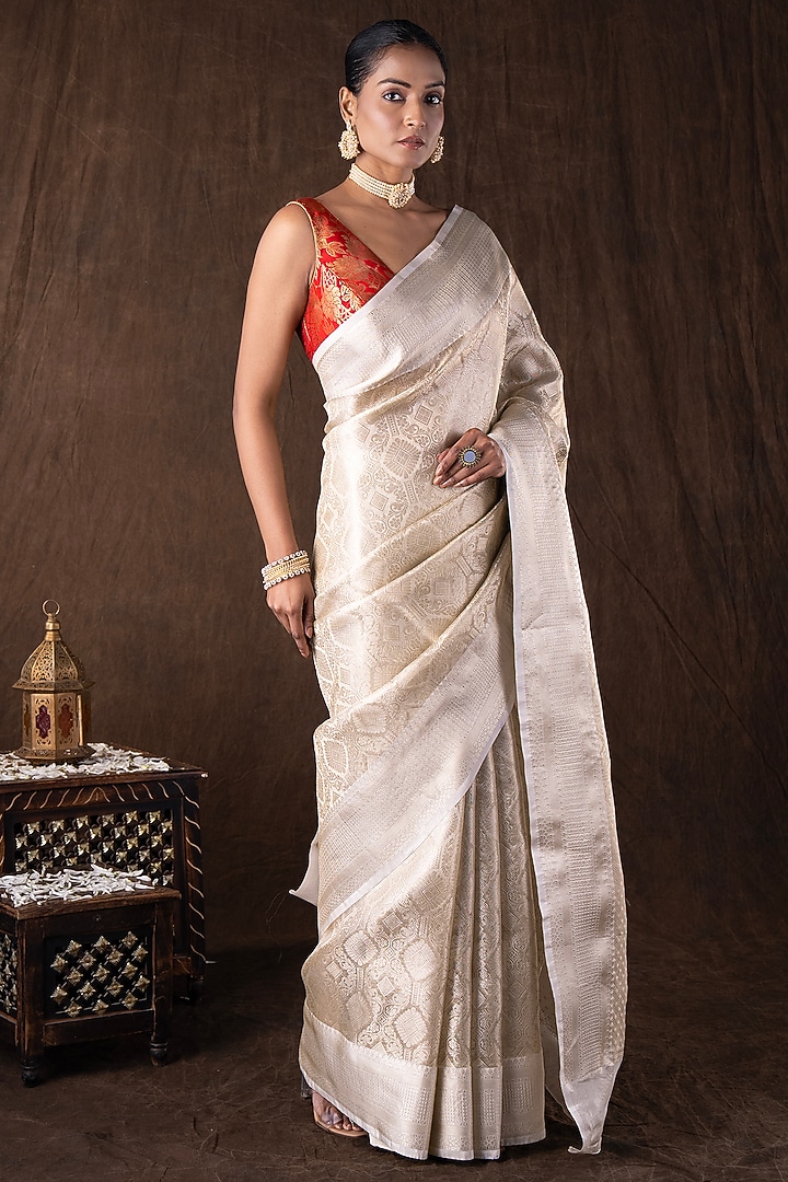 White Pure Katan Silk Banarasi Handloom Party Wear Saree Set by Zal From Benaras at Pernia's Pop Up Shop
