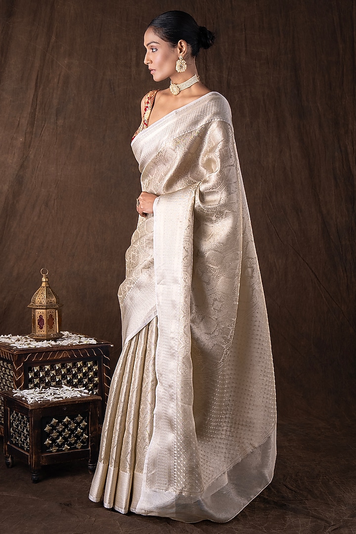 White Pure Katan Silk Banarasi Handloom Party Wear Saree Set by Zal From Benaras at Pernia's Pop Up Shop