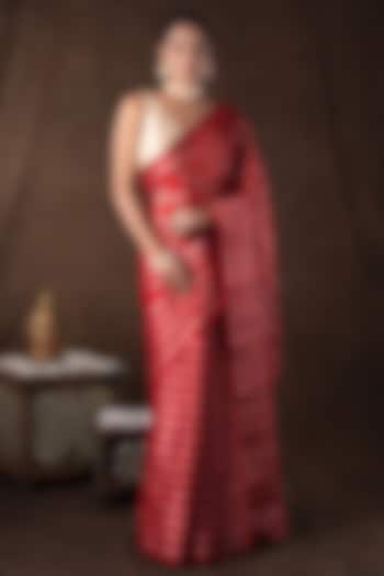 Red Pure Chanderi Silk Striped Banarasi Handloom Party Wear Saree Set by Zal From Benaras at Pernia's Pop Up Shop