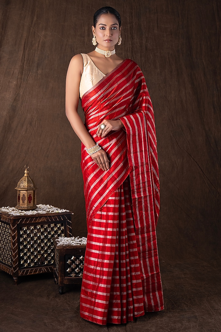 Red Pure Chanderi Silk Striped Banarasi Handloom Party Wear Saree Set by Zal From Benaras at Pernia's Pop Up Shop