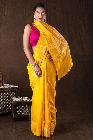 Yellow Pure Banarasi Silk Embellished Handloom Saree Set by Zal From Benaras