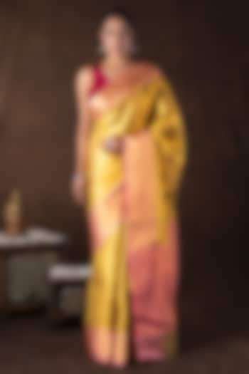 Golden & Pink Pure Silk Brocade Banarasi Handloom Party Wear Saree Set by Zal From Benaras at Pernia's Pop Up Shop