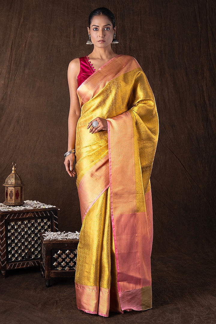 Golden & Pink Pure Silk Brocade Banarasi Handloom Party Wear Saree Set by Zal From Benaras at Pernia's Pop Up Shop